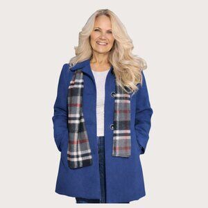 Blue Pea Coat with Plaid Scarf